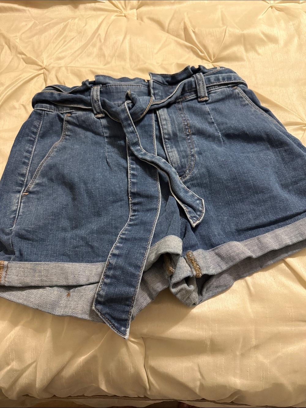 Express Dark Blue Paperbag Waist Denim Shorts with Self-Tie